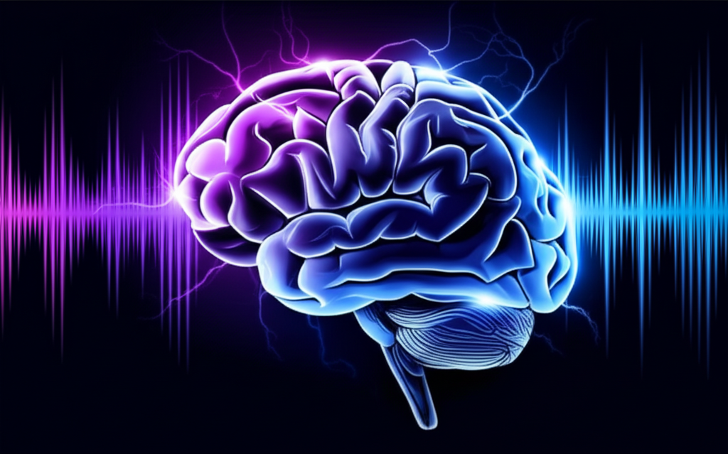 Artistic representation of a human brain with sound waves flowing into it